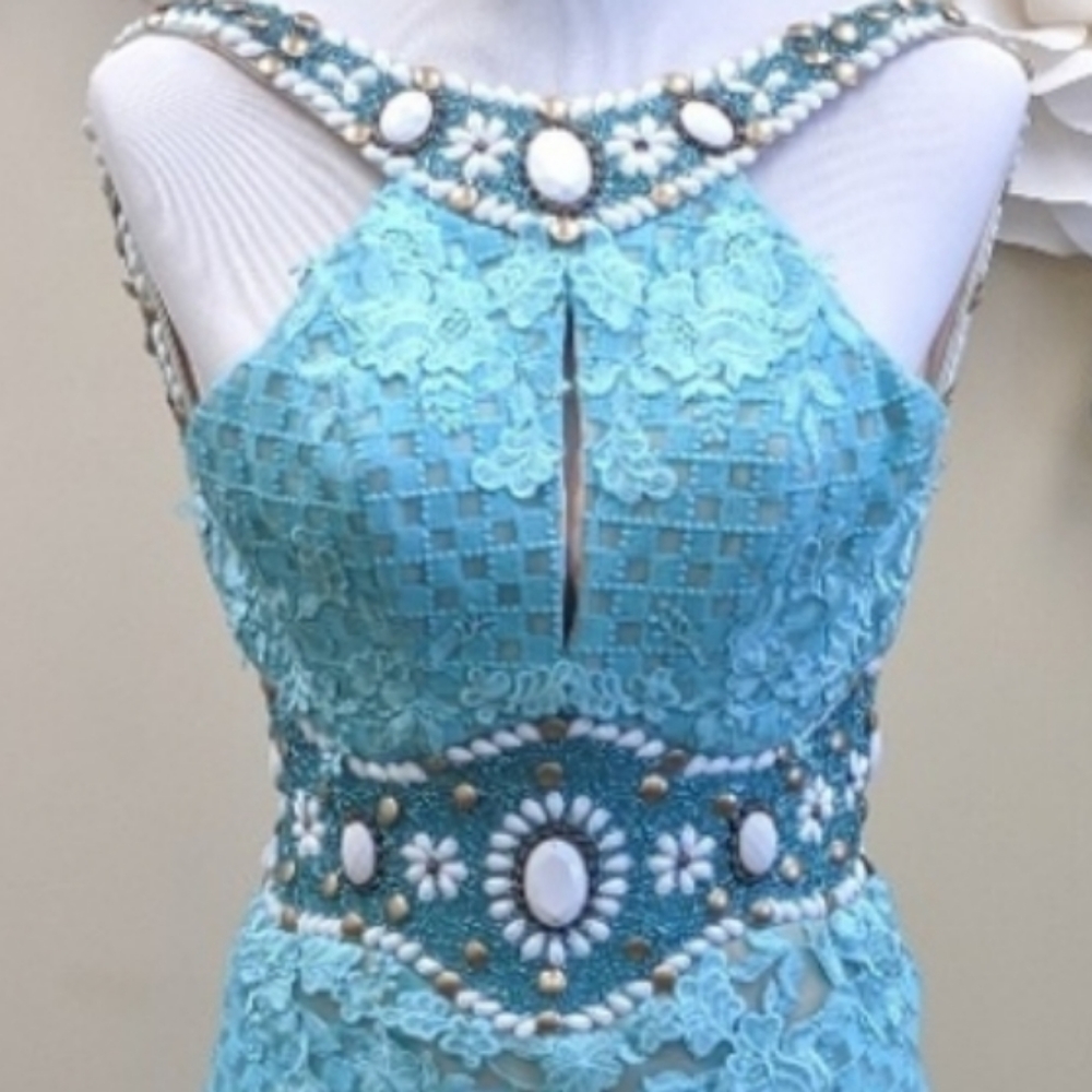 Rachel Allen Aqua Blue lace overlay Mermaid Size 0 - Picture 3 of 5